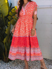 Floral Print Tasseled Tied Sleeve Empire Waist Dress