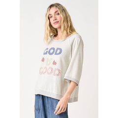 GOD IS GOOD PATCHWORK SHORT SLEEVE SWEATSHIRT TOP)