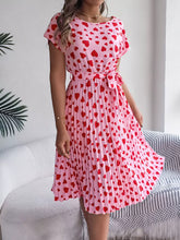 Heart Print Belted Pleated Midi Dress