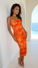Pyralia Floral Ruched Tube Midi Dress - Orange