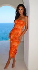 Pyralia Floral Ruched Tube Midi Dress - Orange