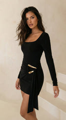 Aloria Square Neck Draped Mini Dress - Black