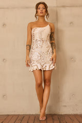 Sun Goddess One Shoulder Mini Dress - White Gold