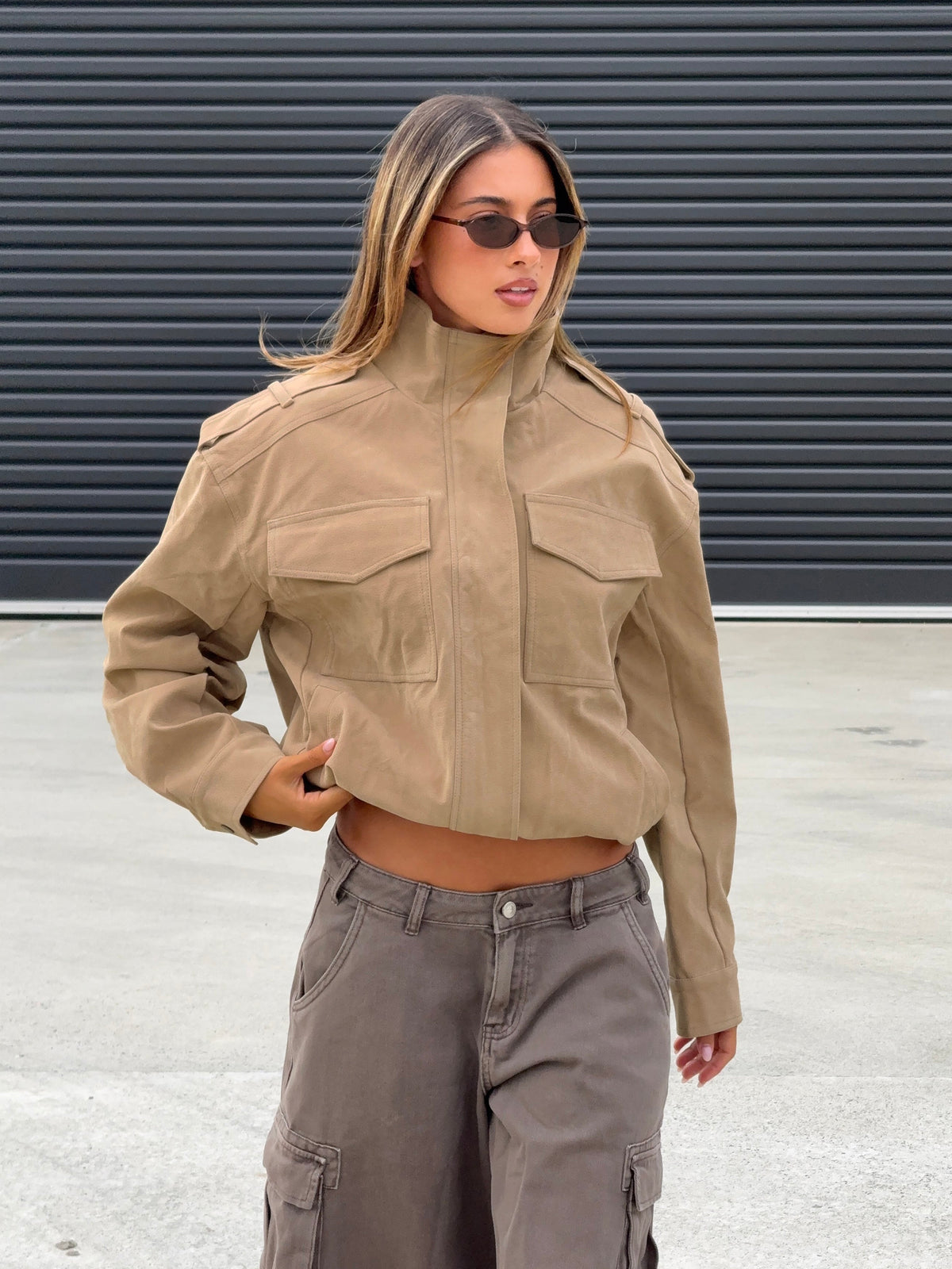 Double Life Funnel Neck Cargo Jacket Beige