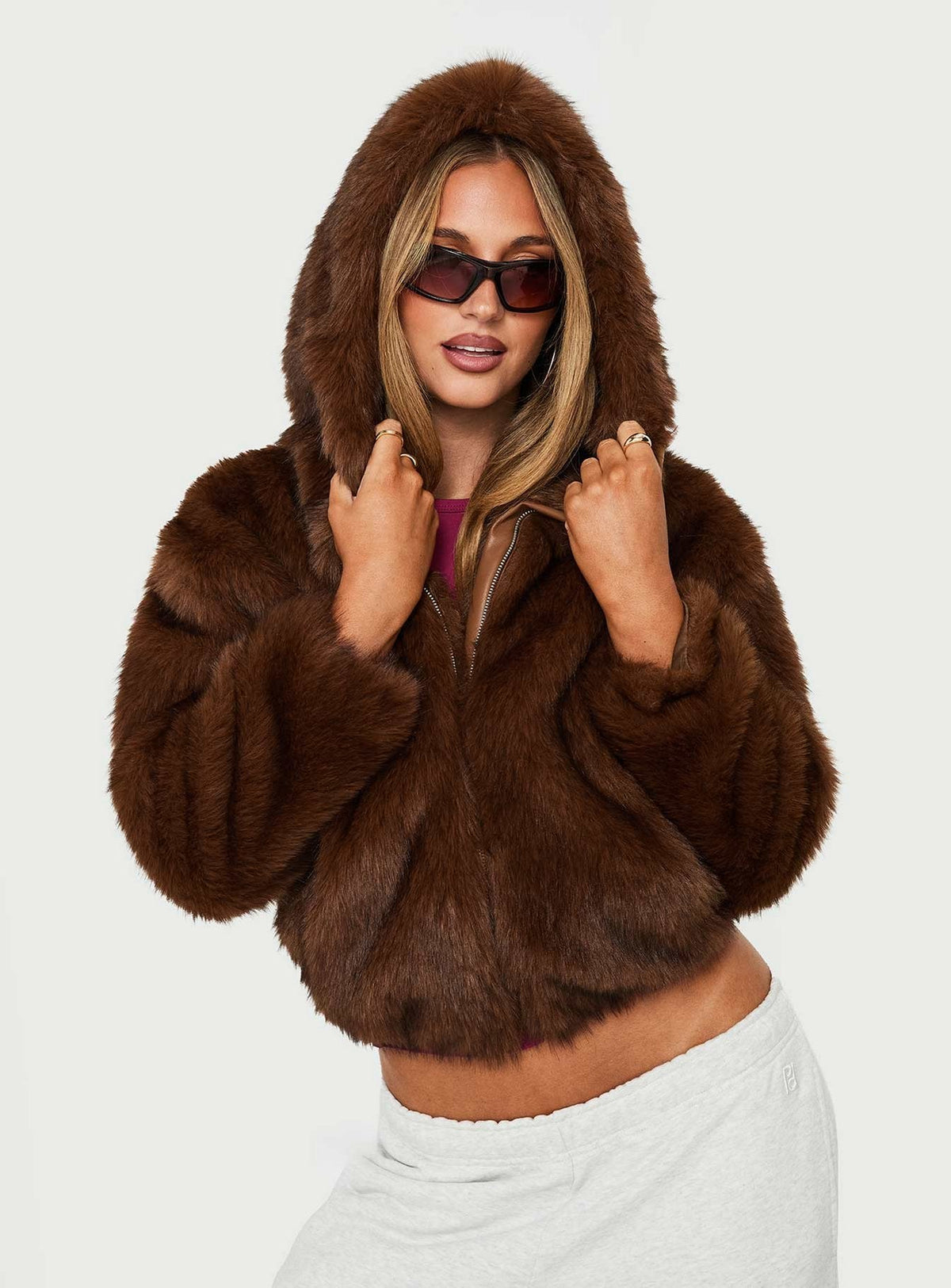 Act Up Faux Fur Hooded Jacket Brown