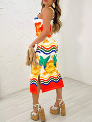 Plus Size Tropical Parrot Print Sleeveless Midi Dress