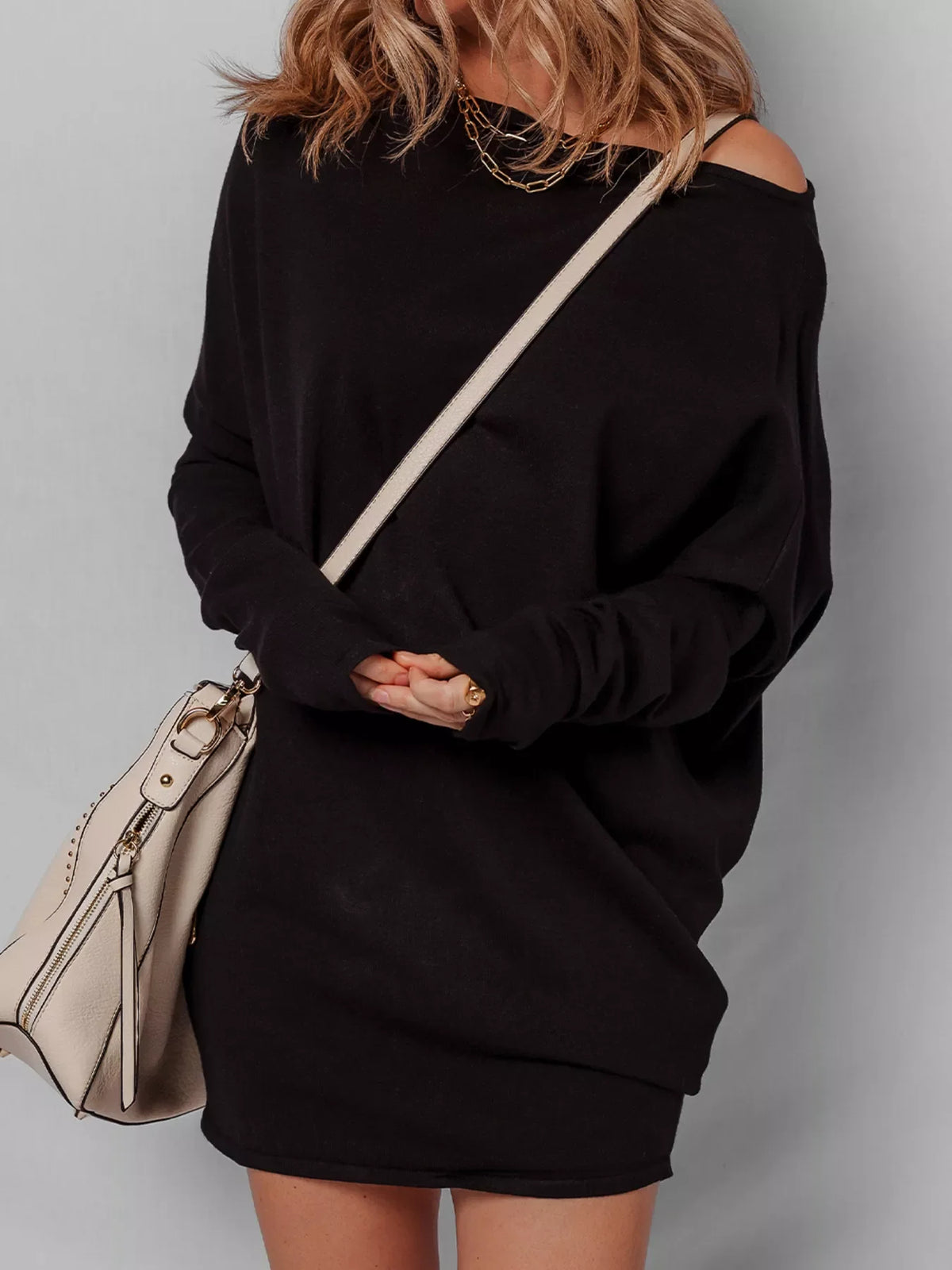 Asymmetric Neck Batwing Sleeve Shift Mini Sweater Dress