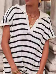 Striped Knit Slit Short Sleeve Midi Dress