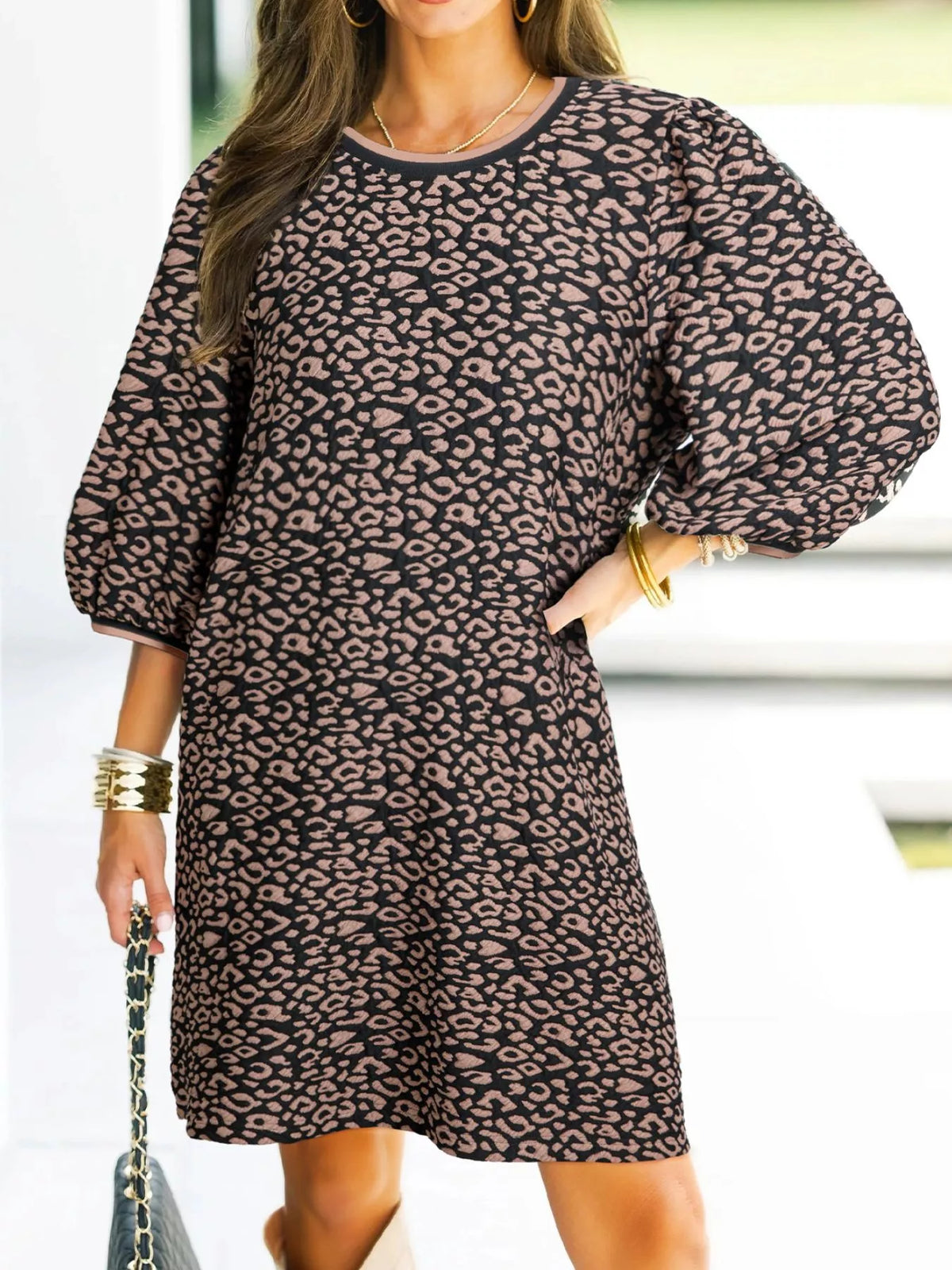 Leopard Print Bubble Sleeve Shift Mini Dress