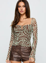 Cielo Mesh Long Sleeve Top Green / Brown Zebra