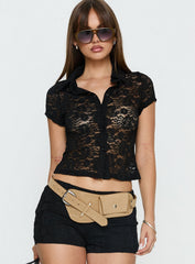 Daveney Lace Short Sleeve Collared Top Black