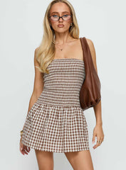 Burnell Shirred Strapless Romper Brown Check