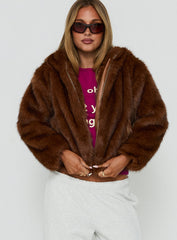 Act Up Faux Fur Hooded Jacket Brown