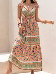 Smocked Printed V-Neck Cap Sleeve Dress