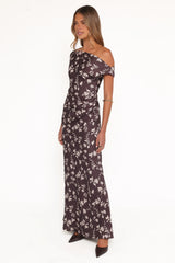 Zafira Midi Dress - Brown Cream Floral