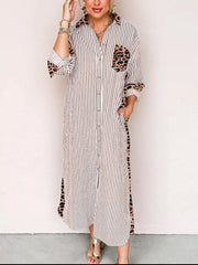 Striped Leopard Print Button Up Shirt Dress