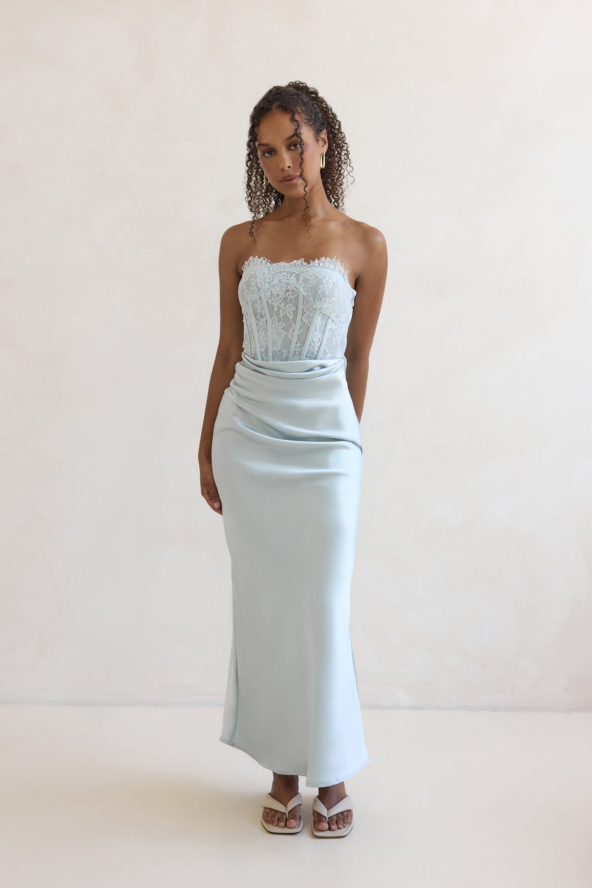 Away With You Satin Lace Strapless Maxi Dress Blue
