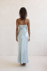 Away With You Satin Lace Strapless Maxi Dress Blue