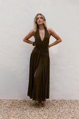 Robin Mesh Halter Maxi Dress Brown
