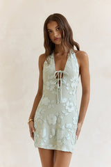 Chasing Truth Mesh Halter Mini Dress Sage