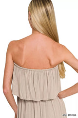 Zenana Woven Crinkle Strapless Maxi Dress
