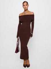 Celestara Long Sleeve Off Shoulder Maxi Dress Chocolate
