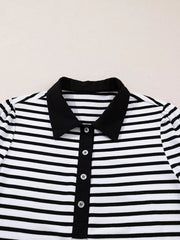 Stripe Buttoned Front Collared Long Sleeve T Shirt Dress with Pockets