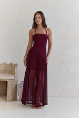Feel The Light Halter Mesh Maxi Dress Burgundy
