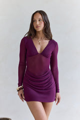 Glowing Nights Long Sleeve Mesh Mini Dress Plum