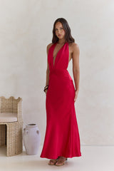 Got A Feeling Halter Satin Maxi Dress Red
