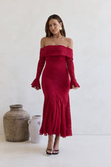 Here For Love Off Shoulder Mesh Maxi Dress Red