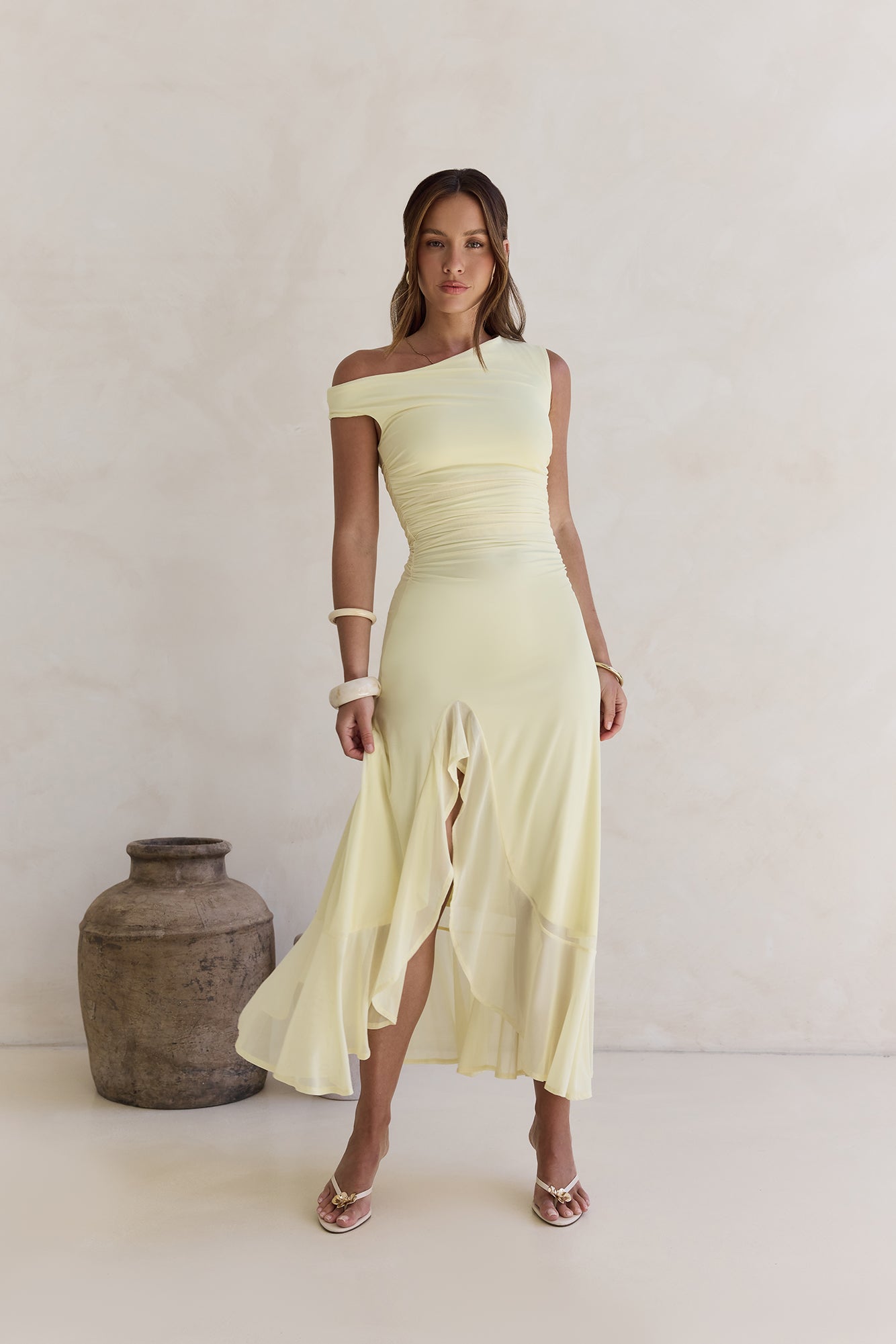 Whispered Secrets Mesh Long Sleeve Maxi Dress Yellow
