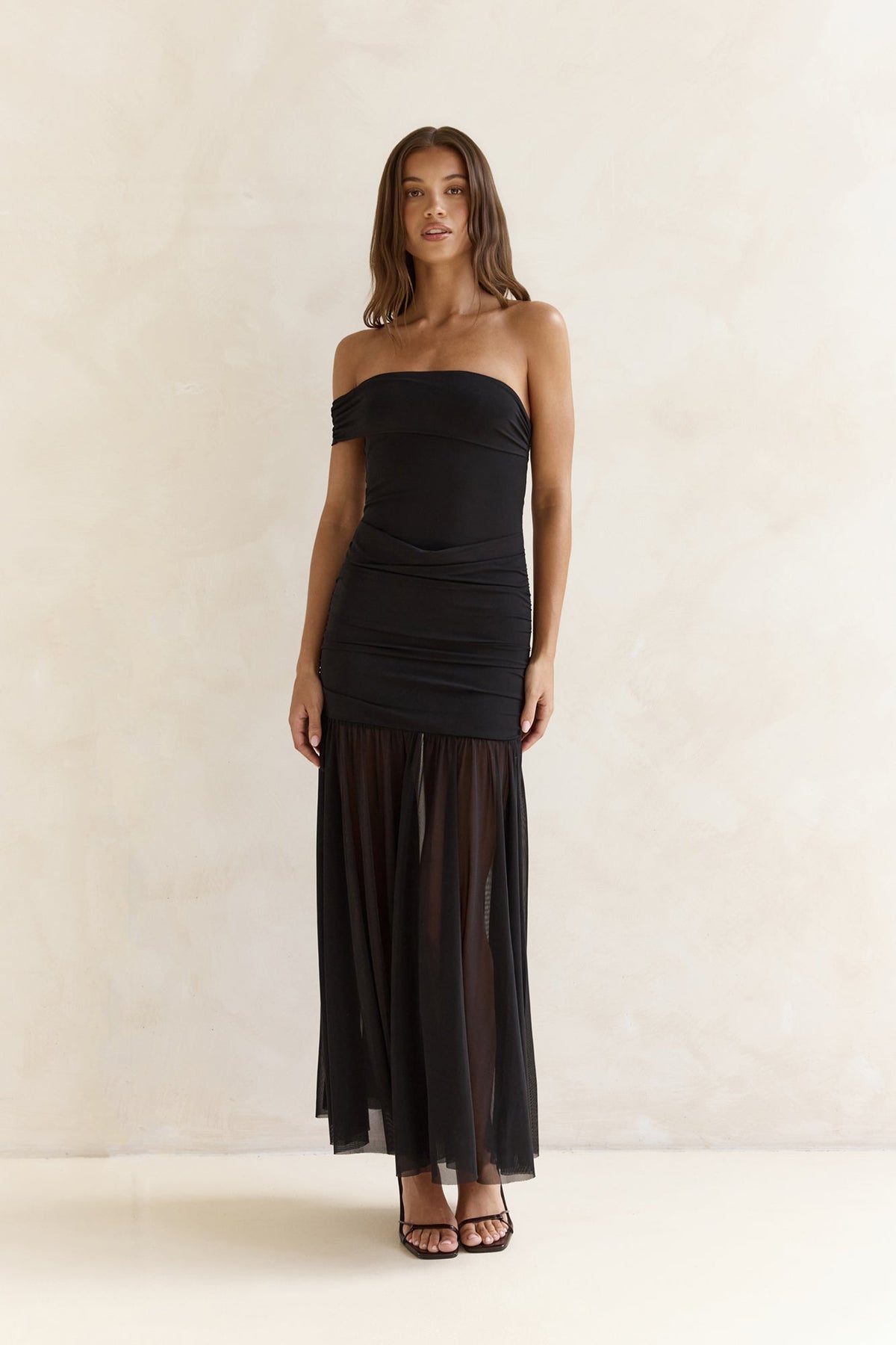 Serene Twilights One Shoulder Mesh Maxi Dress Black