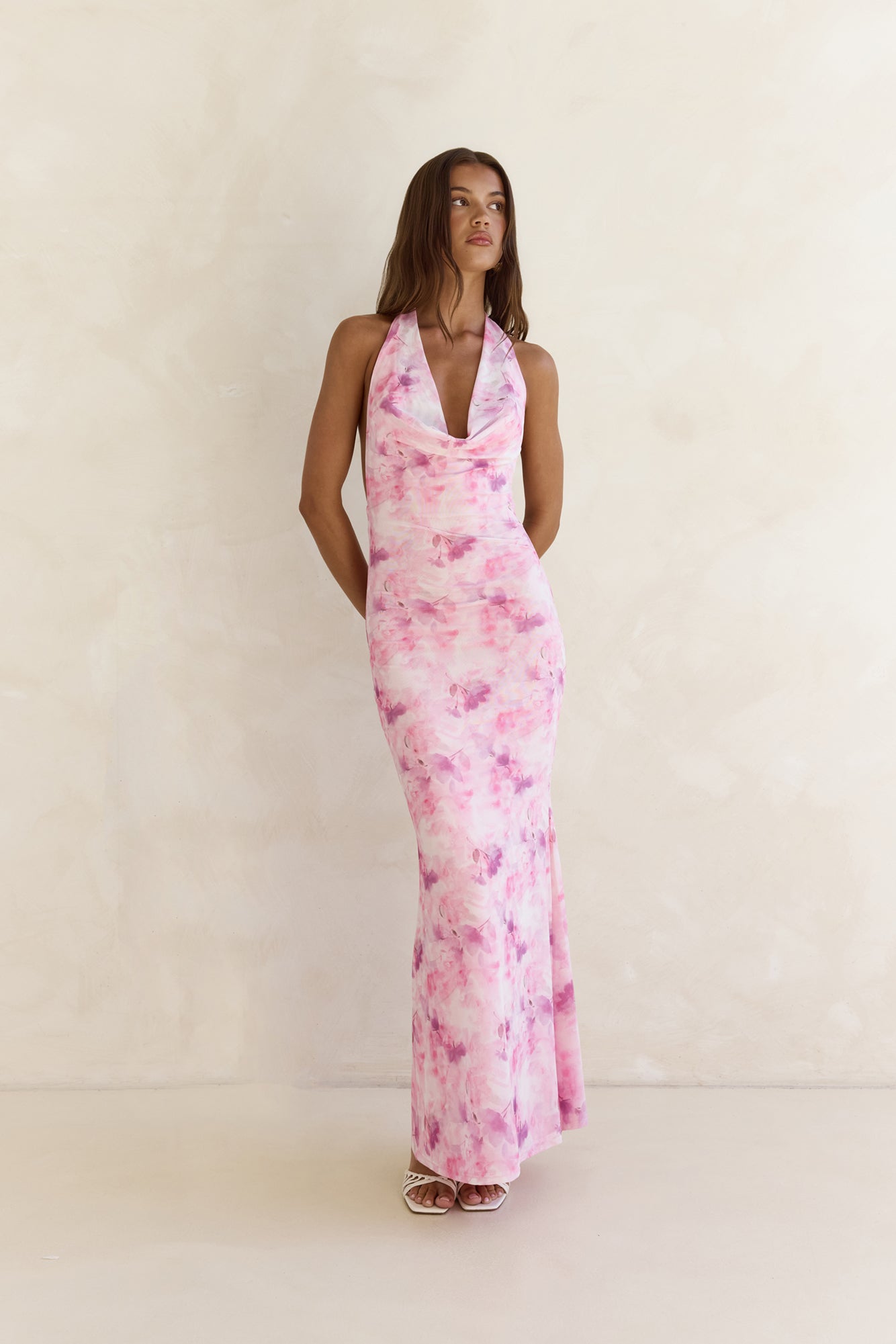 Blooming Loves Mesh Halter Maxi Dress Pink