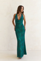 Tangled Vines Mesh Halter Maxi Dress Green