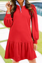 Contrast Striped Collar Patchwork Puff Sleeve Ruffle Hem Mini Dress