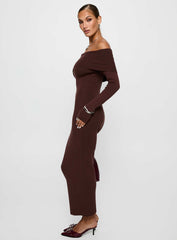 Celestara Long Sleeve Off Shoulder Maxi Dress Chocolate