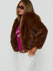 Act Up Faux Fur Hooded Jacket Brown