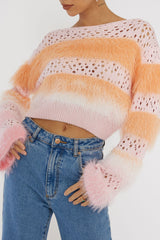 Borealis Fur Trim Knit Sweater Pink