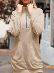 Zip Up Collared Ribbed Patchwork Sweatshirt Dress with Pockets