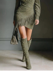 Full Size Suede Fringe Long Sleeve Dress Plus Size