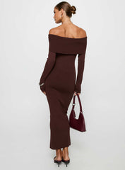 Celestara Long Sleeve Off Shoulder Maxi Dress Chocolate