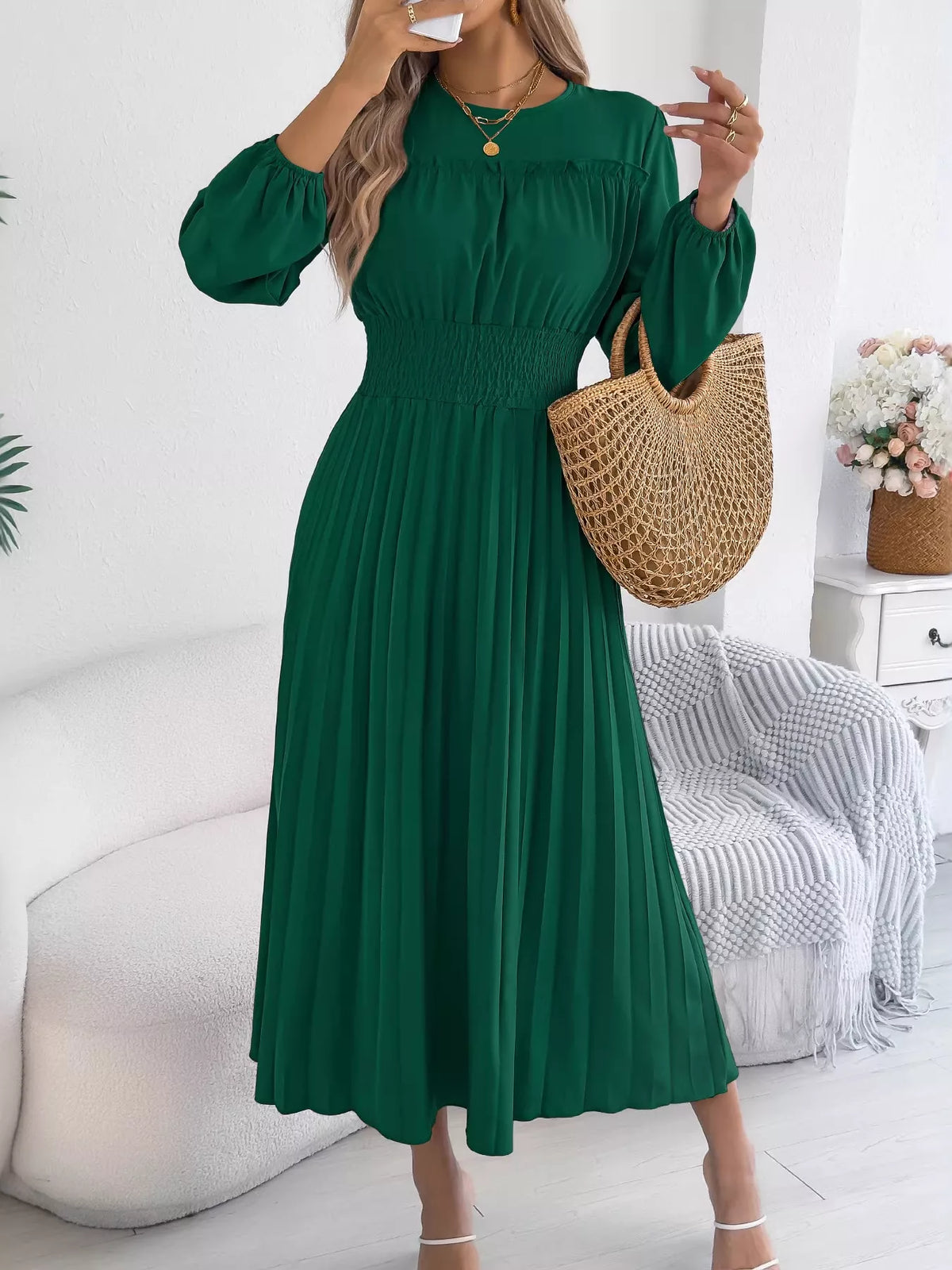 Smocked Pleated Long Sleeve Midi Dress