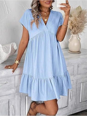 Casual V-Neck Ruffle Hem Flowy Mini Dress