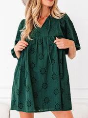 Embroidered Eyelet Pattern 3/4 Puffy Sleeve Swing Mini Dress