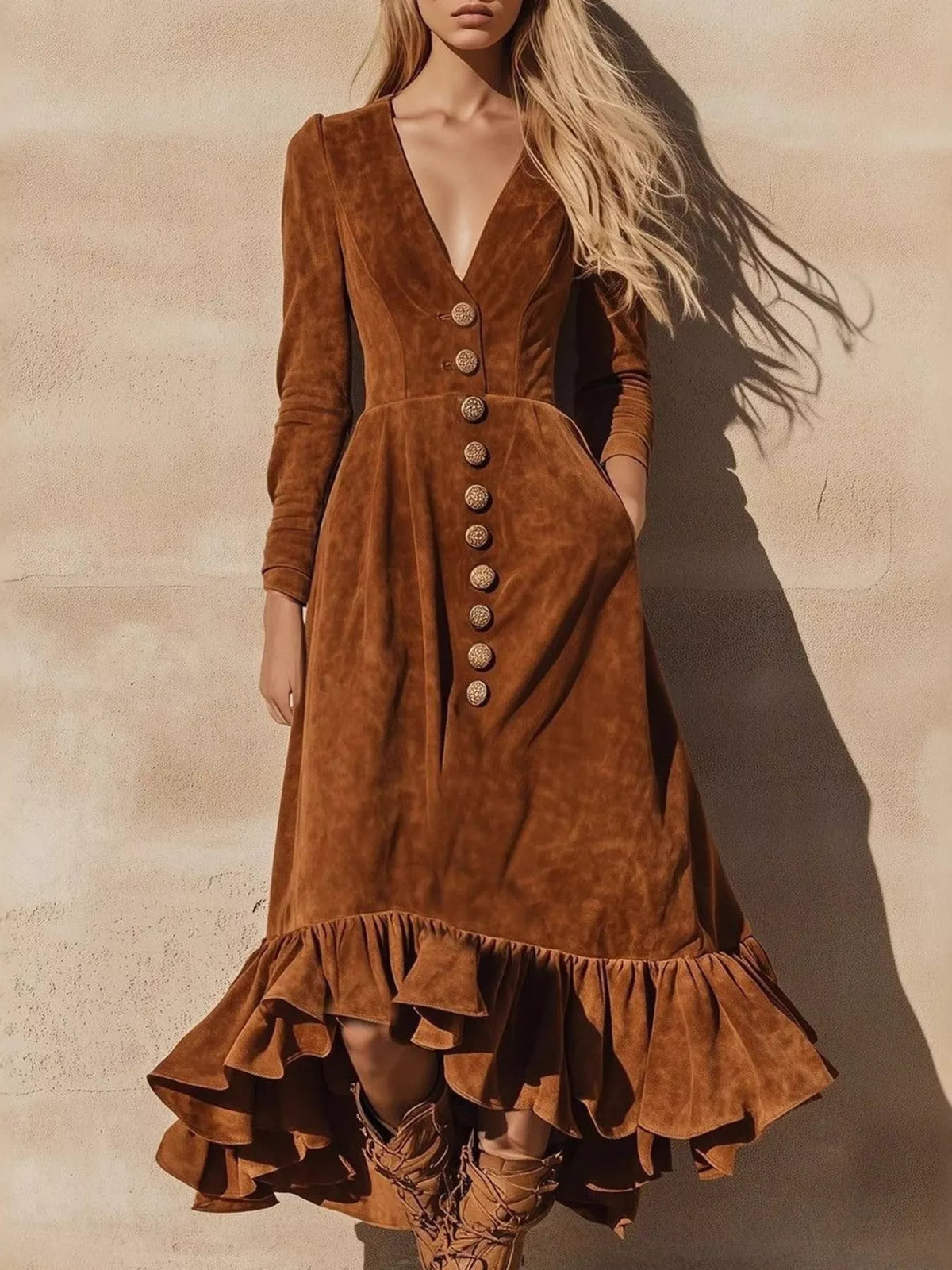 Ruffle Hem V-Neck Midi Dress