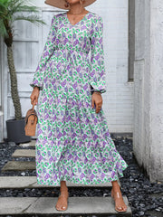 Printed V-Neck Long Sleeve Dress
