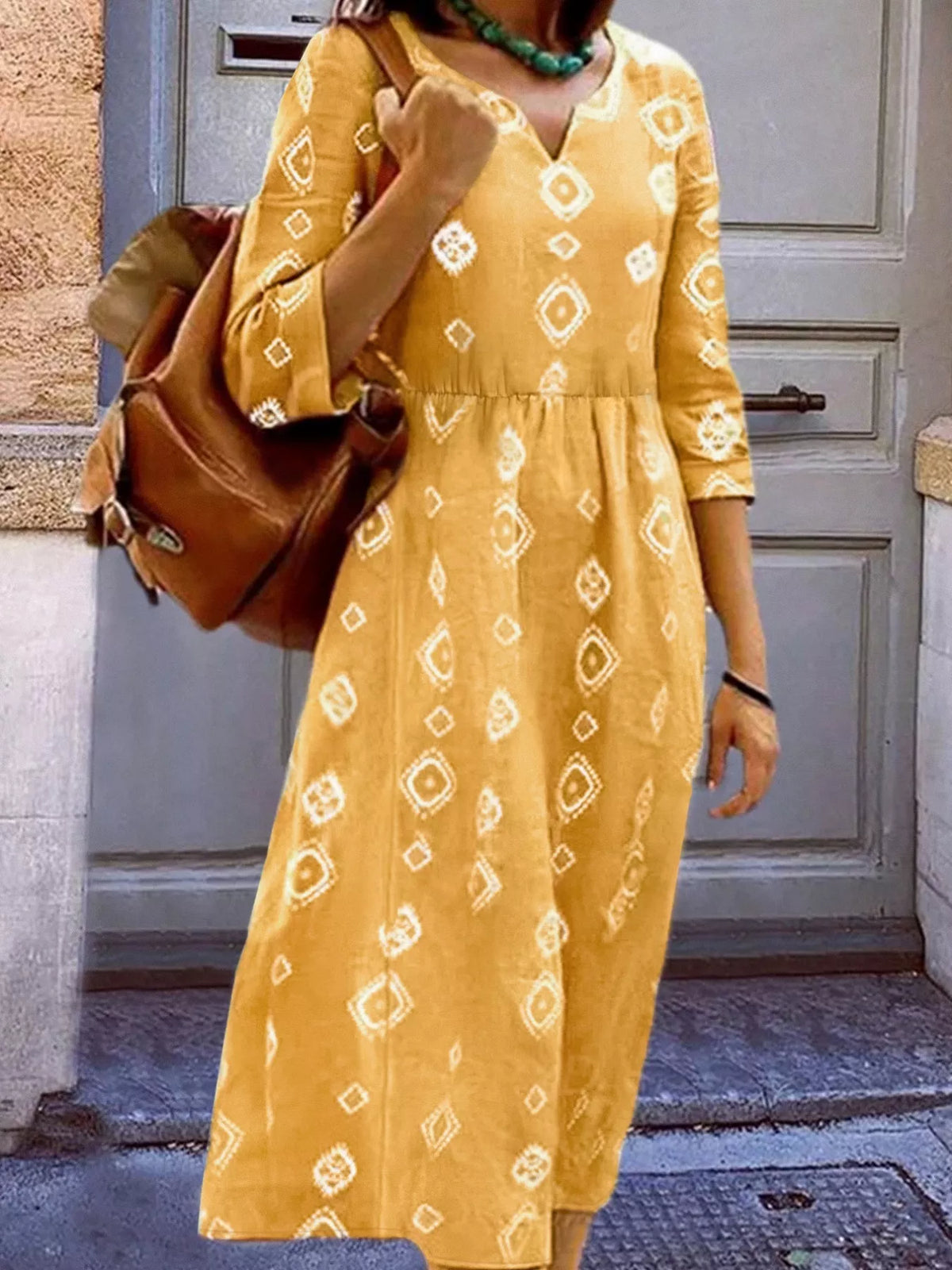 Notched 3/4 Sleeve Midi Dress