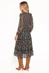 Edwina Shirred Frill Long Sleeve Midi Dress - Black Ditsy Floral