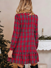 Plaid Shirt Collar Half Button Ruffle Hem Long Sleeve Mini Dress